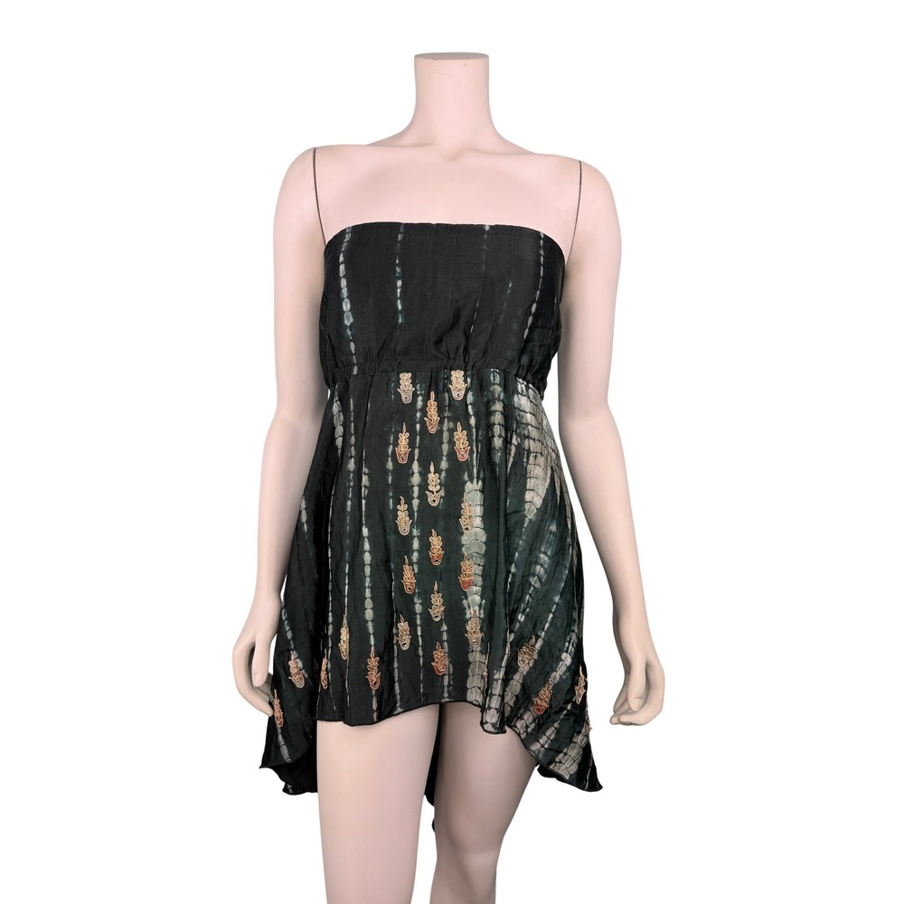 Lotta Stensson Strapless Dress Top Womens S Black Tie Dye Embroidered Silk Mini